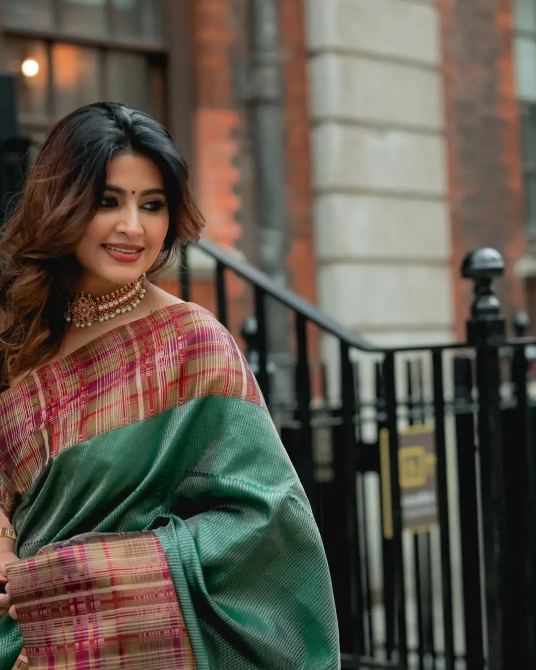 Sneha Wearing Beautiful Earrings Jewellery Green Saree Maroon Blouse